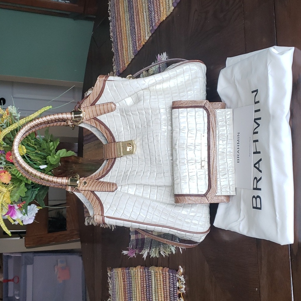 Brahmin White and Tan Croc-Embossed Hobo with Wallet